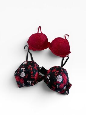 Tahari Red Lace Bra & Floral Print Black Bra Set